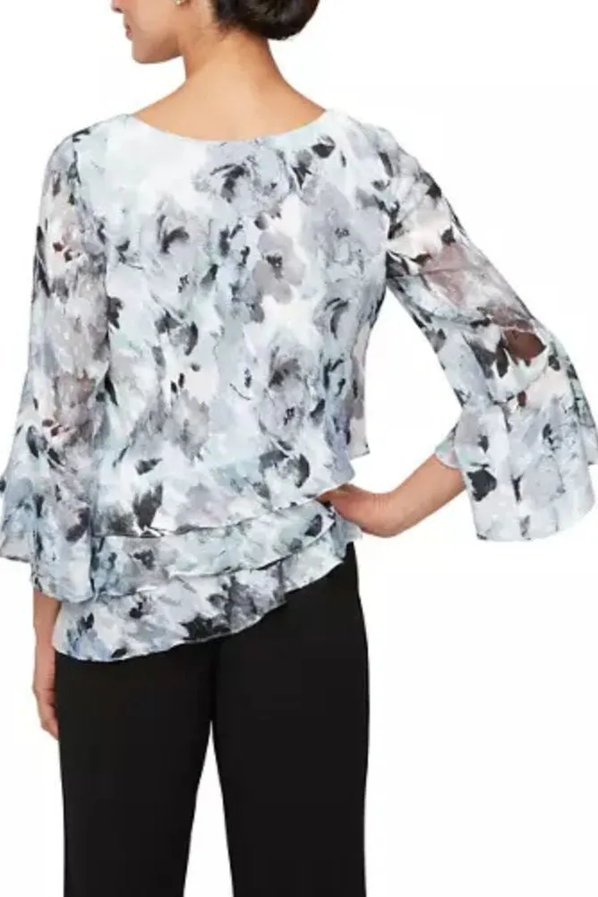 Alex Evenings 3/4 Sleeve Scoop Neck Asymmetrical Hem Floral Printed Blouse