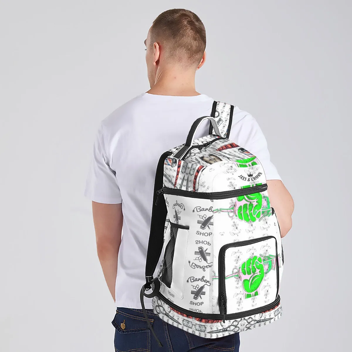 All-Over Print Multifunctional Backpack barber print green with the clipper