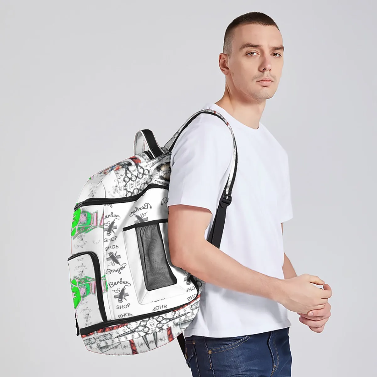 All-Over Print Multifunctional Backpack barber print green with the clipper