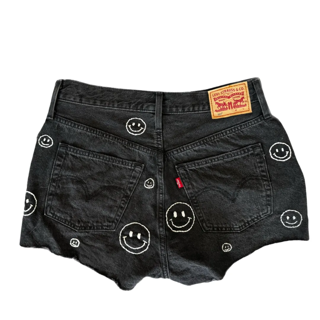 Black Denim Hand Embroidered Shorts - Levi’s 501