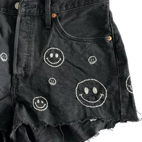 Black Denim Hand Embroidered Shorts - Levi’s 501