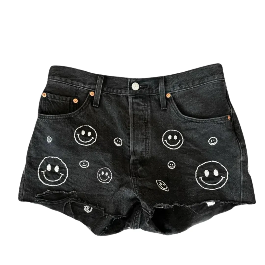 Black Denim Hand Embroidered Shorts - Levi’s 501