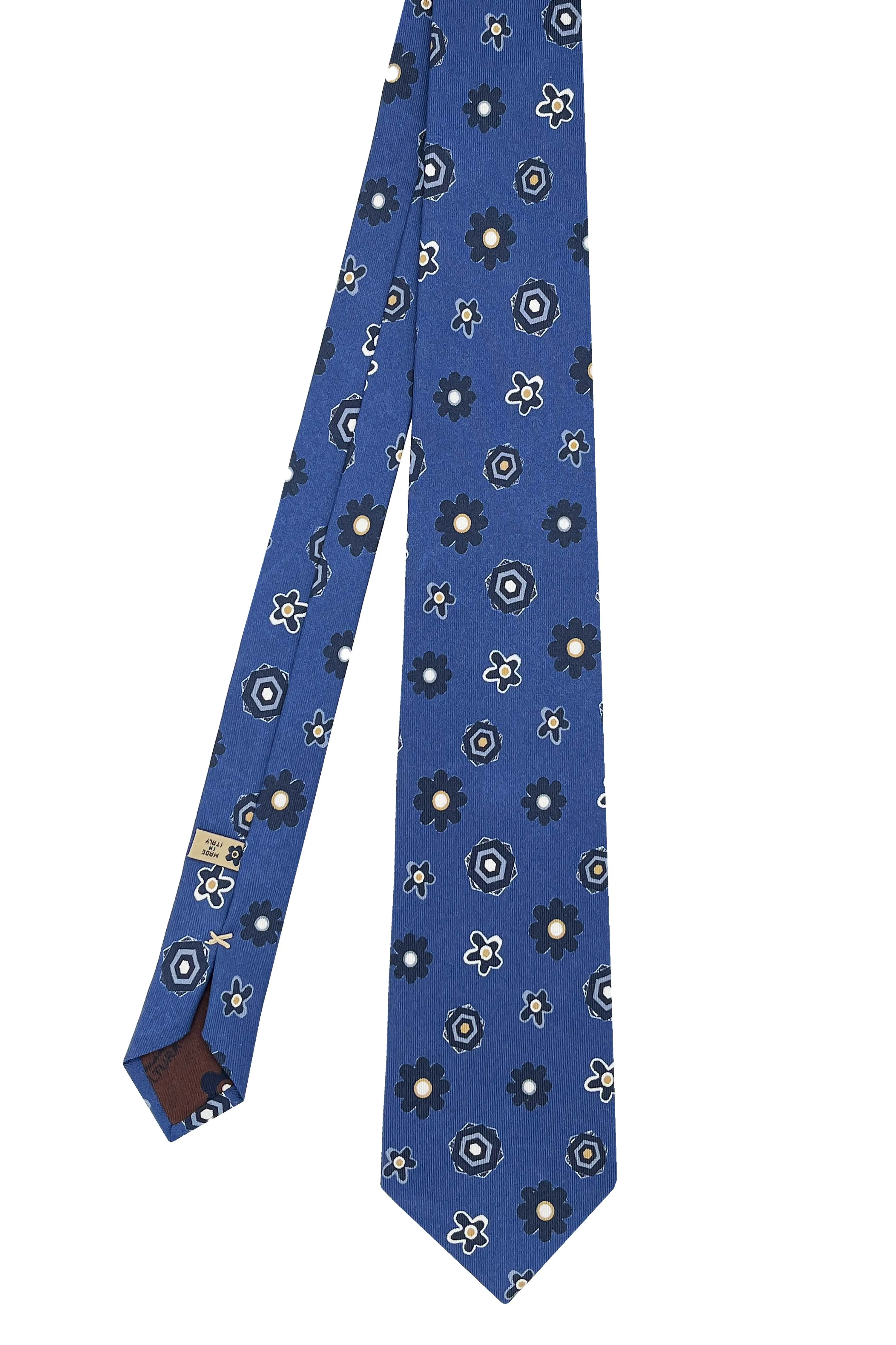 Blue tie in pure silk printed with blue flowers and geometrical design