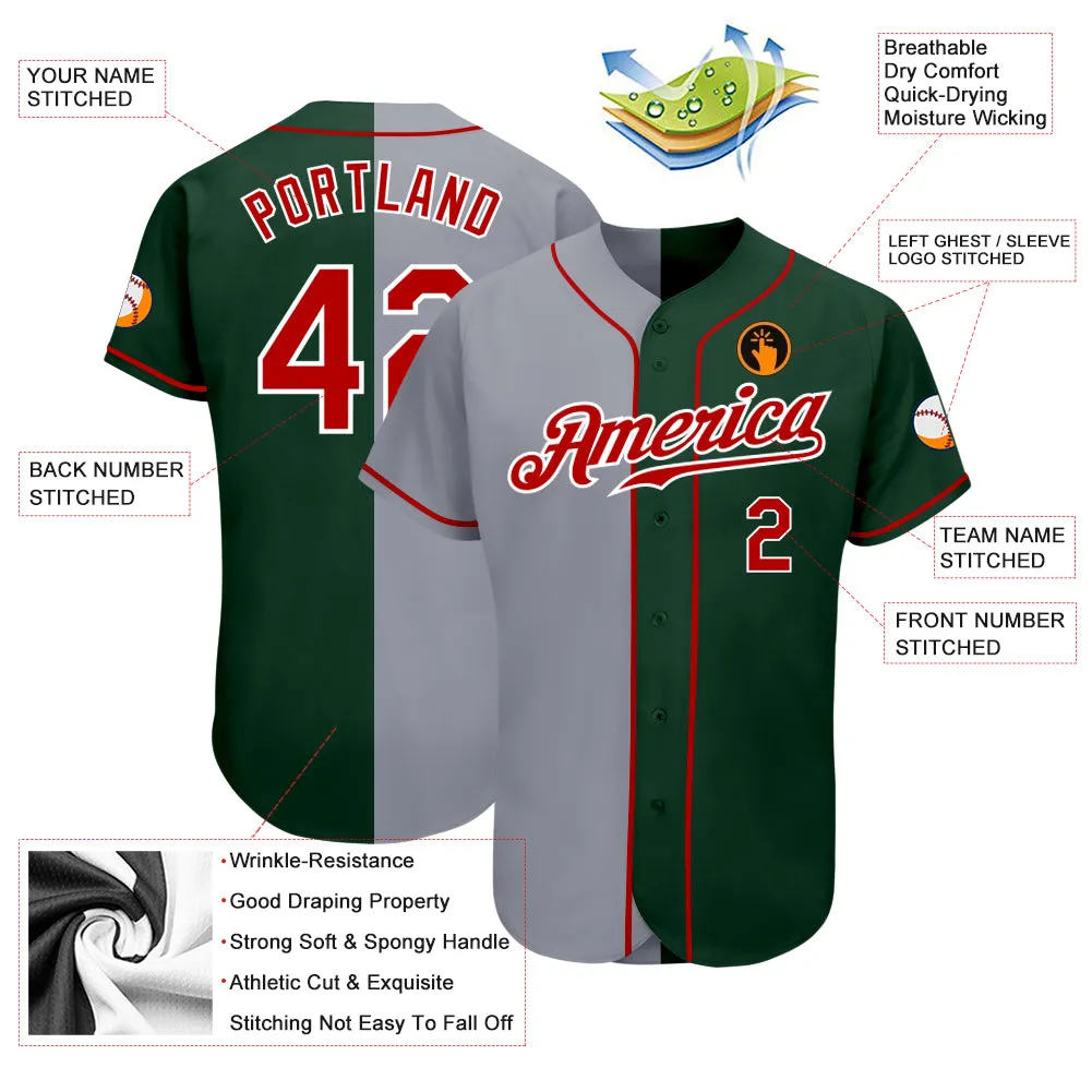 Custom Green Red-Gray Authentic Split Fashion Baseball Jersey