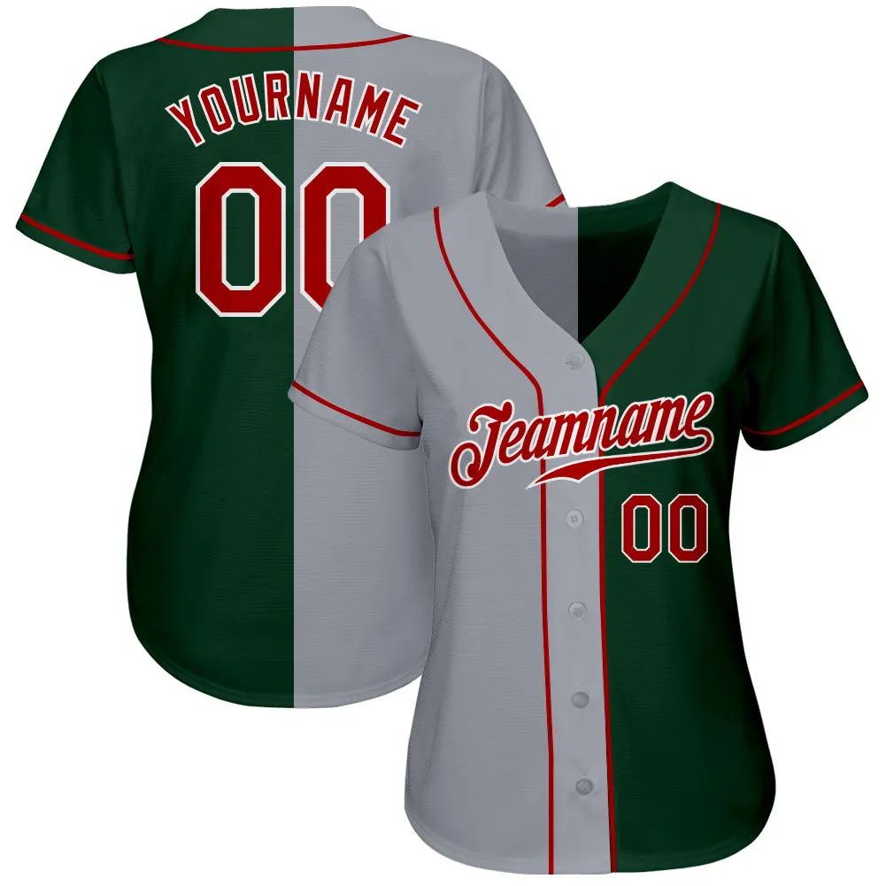 Custom Green Red-Gray Authentic Split Fashion Baseball Jersey