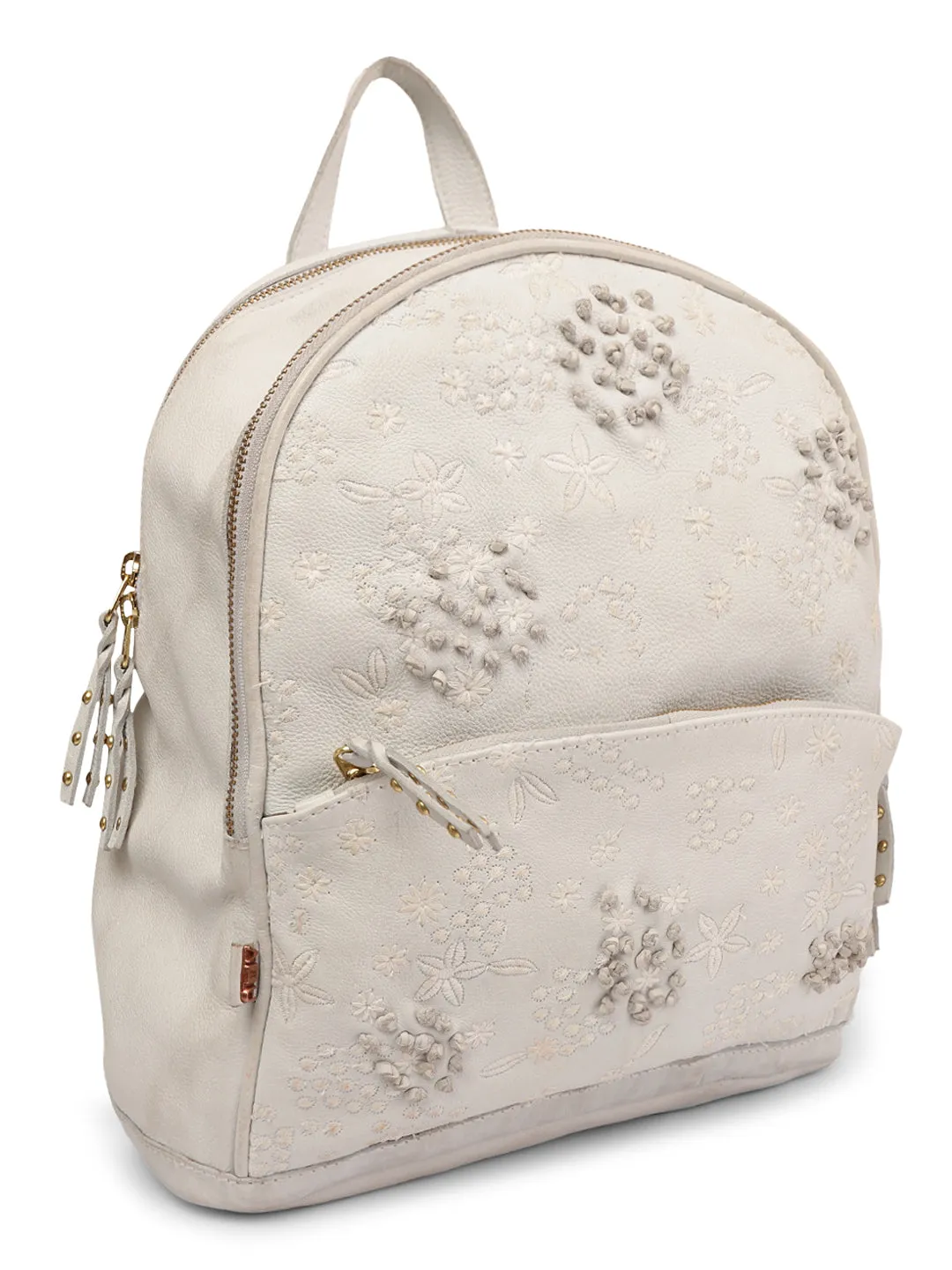 Floral Bliss: White Leather Backpack bag with Colorful Flower Embroidery