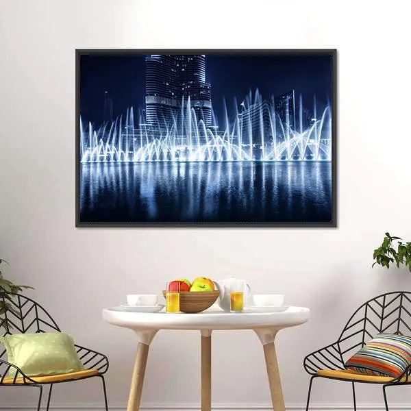 Fountain In Dubai At Night Canvas Wall Art