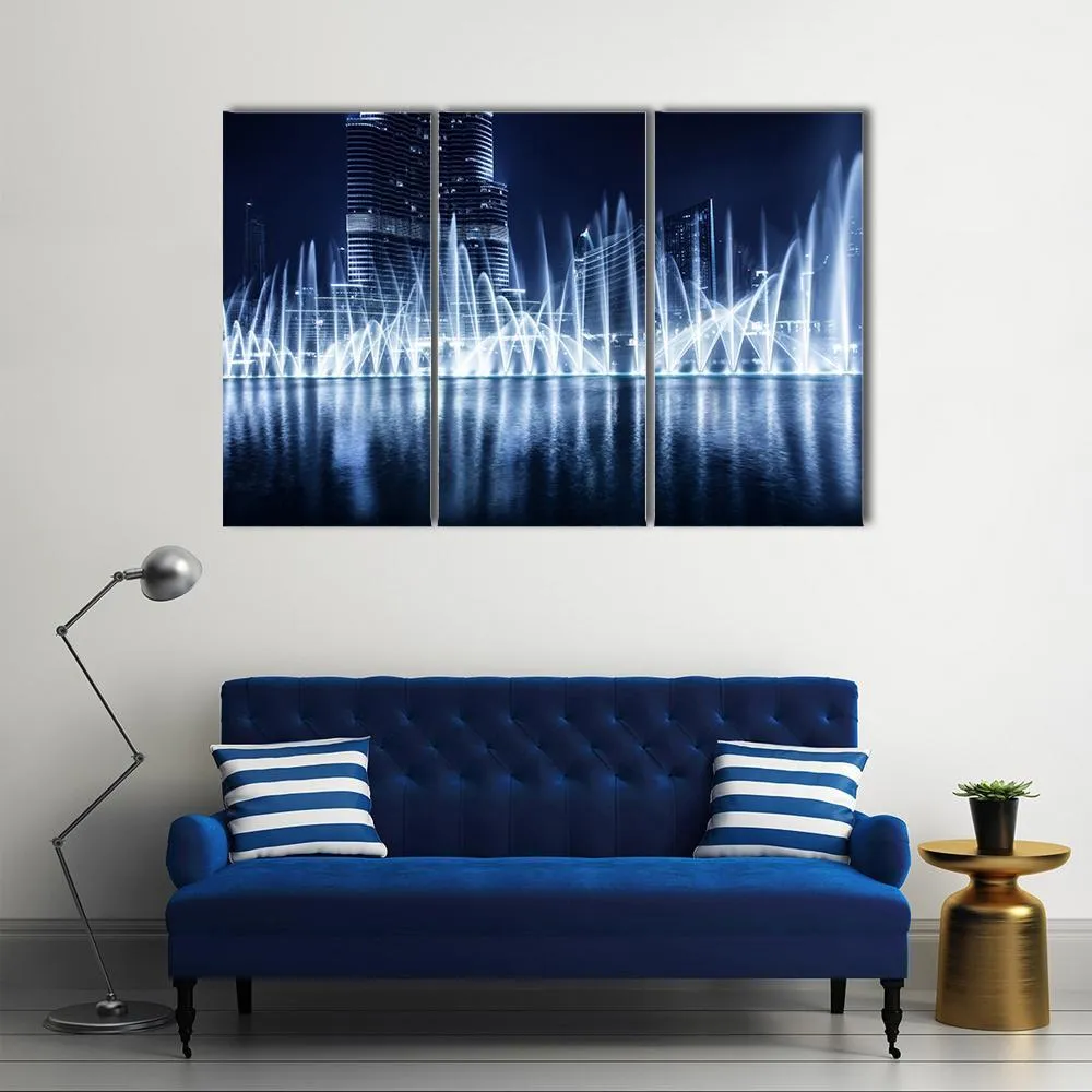 Fountain In Dubai At Night Canvas Wall Art