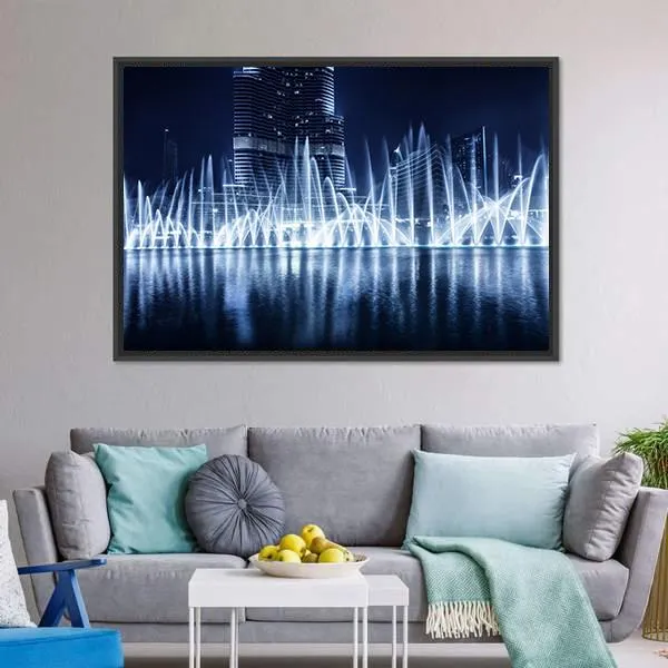 Fountain In Dubai At Night Canvas Wall Art