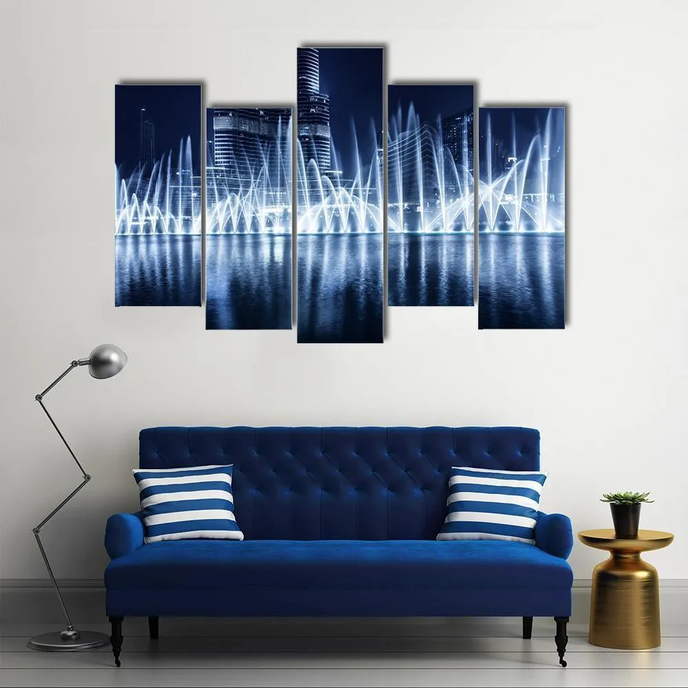 Fountain In Dubai At Night Canvas Wall Art