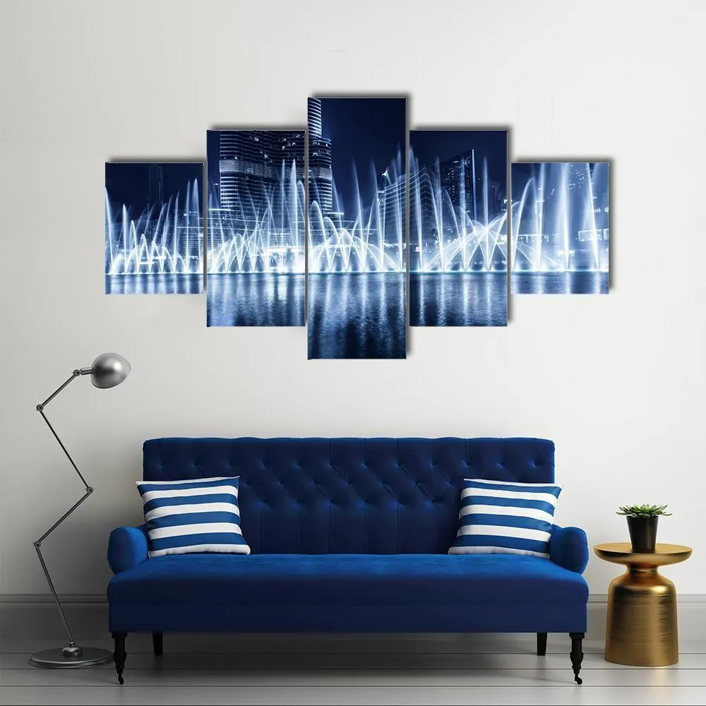 Fountain In Dubai At Night Canvas Wall Art