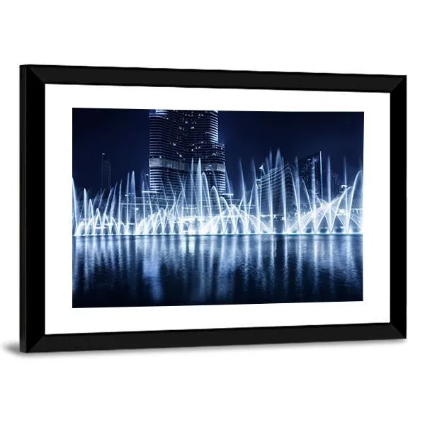 Fountain In Dubai At Night Canvas Wall Art