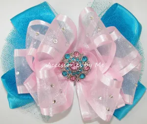 Glitzy Light Pink Turquoise Tutu Hair Bow