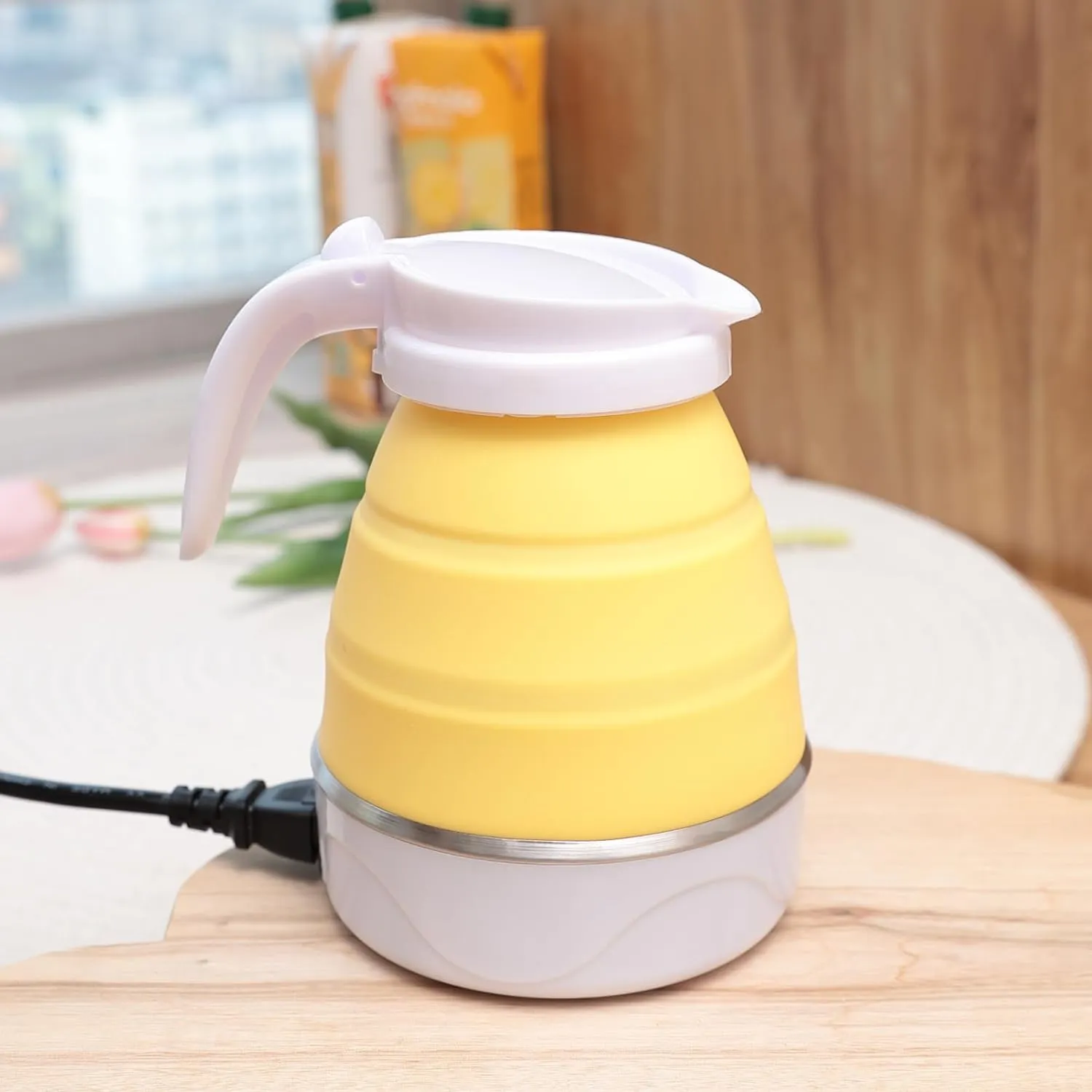 Kuber Industries Pack of 2 Foldable Electric Kettle 600 ML|Silicone Body With 304-Stainless Steel Base|Leak Proof Design|Multipurpose Portable Electric Kettle for Travel, Office & Home|600W|Yellow