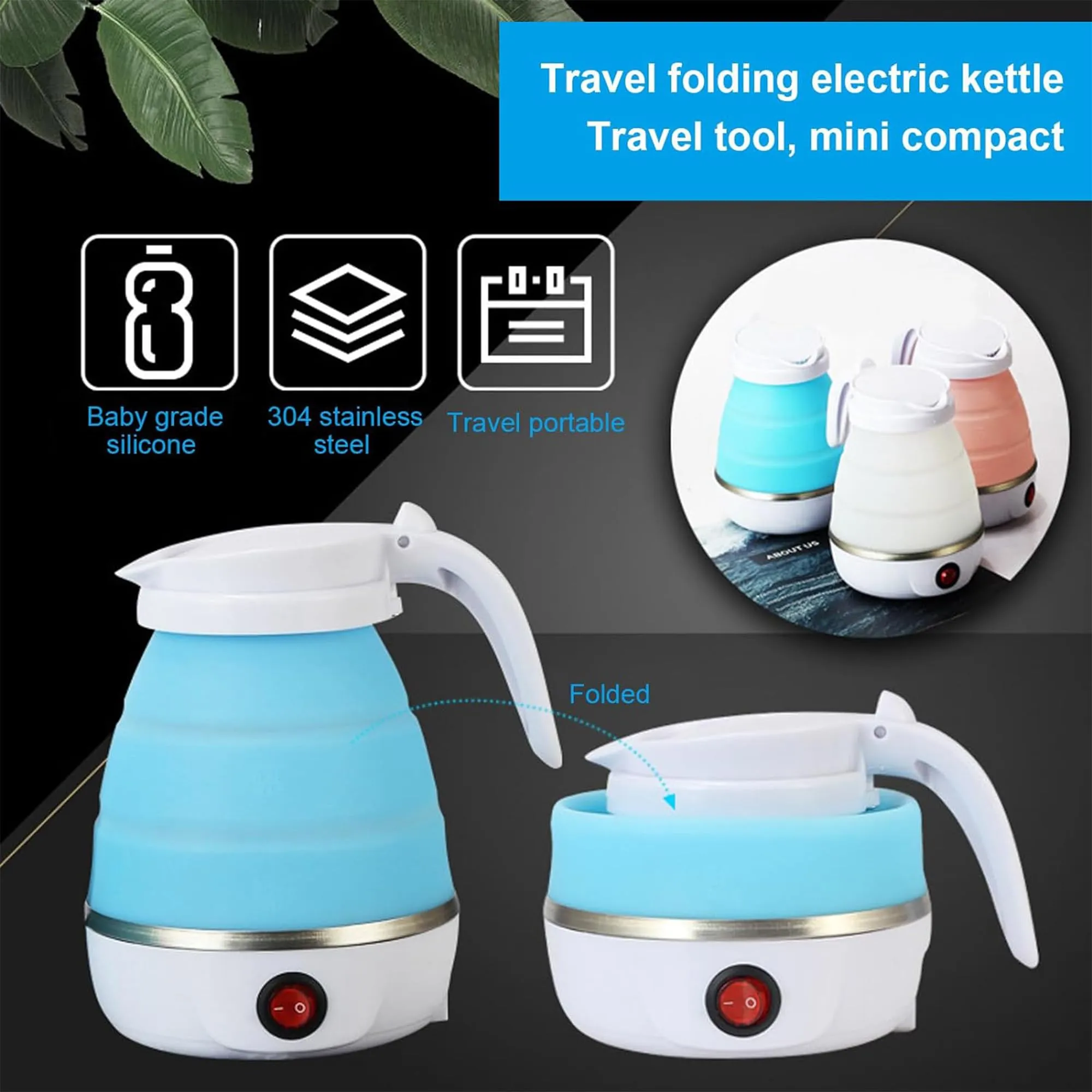 Kuber Industries Pack of 4 Foldable Electric Kettle 600 ML|Silicone Body With 304-Stainless Steel Base|Leak Proof Design|Multipurpose Portable Electric Kettle for Travel, Office & Home|600W|Blue