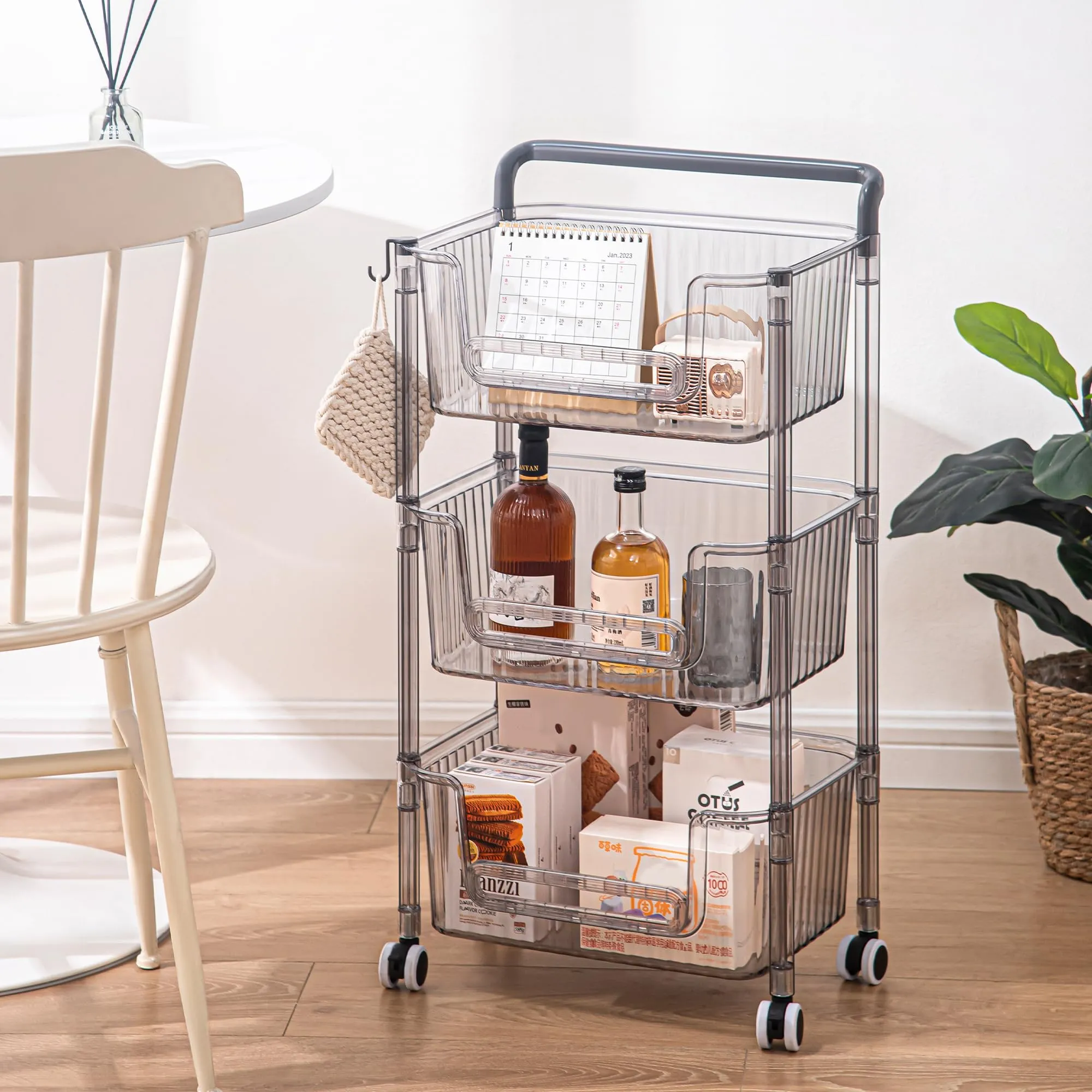 Kuber Industries Pack of 5 Multipurpose Trolley Storage Organiser | 3 Layer Shelf | Trolley with Wheels for Kitchen Accessories | Large Capacity, Easy installation, Space Saving | 2123 | Transparent