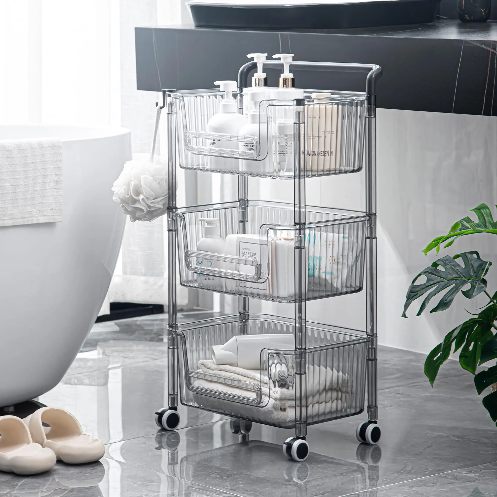 Kuber Industries Pack of 5 Multipurpose Trolley Storage Organiser | 3 Layer Shelf | Trolley with Wheels for Kitchen Accessories | Large Capacity, Easy installation, Space Saving | 2123 | Transparent