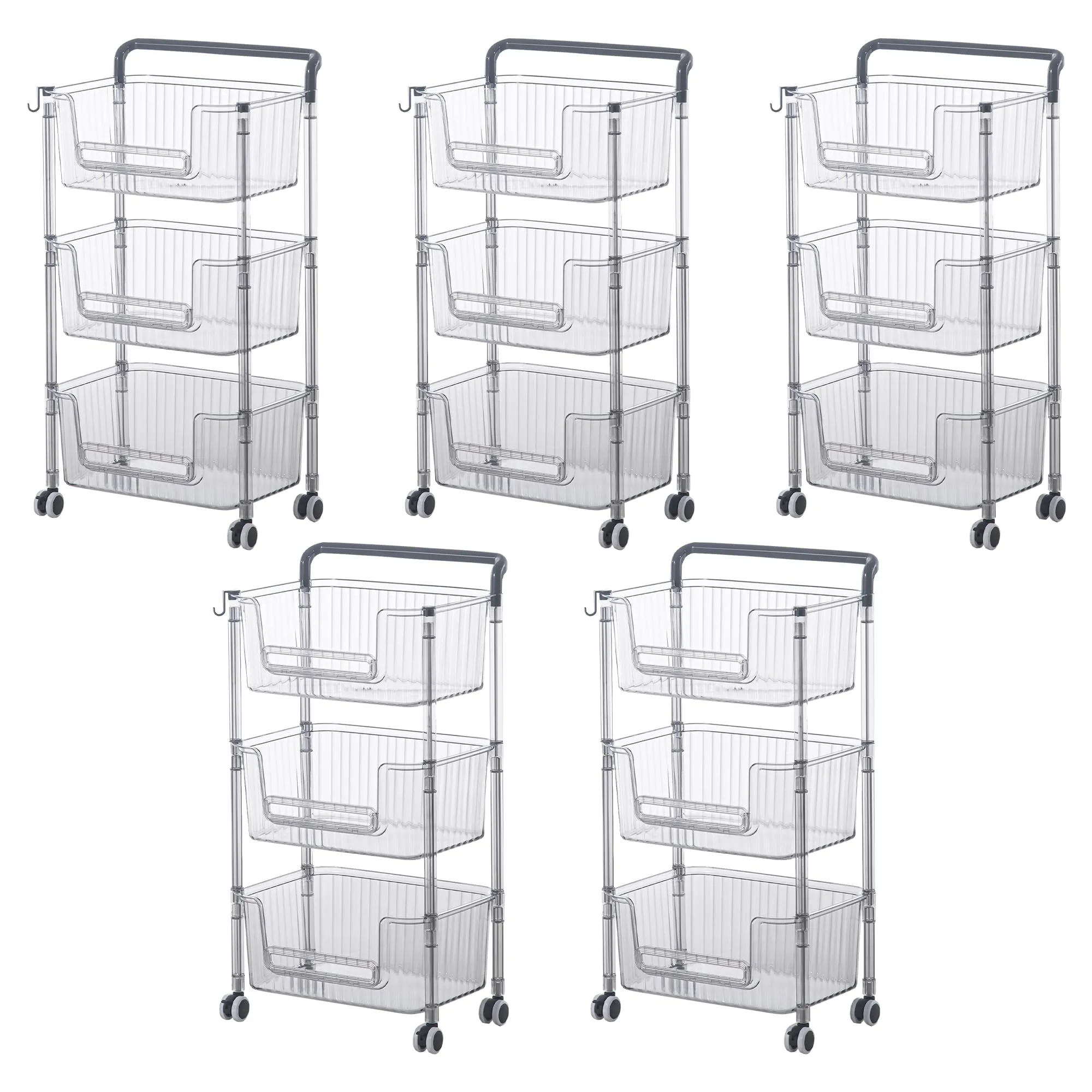 Kuber Industries Pack of 5 Multipurpose Trolley Storage Organiser | 3 Layer Shelf | Trolley with Wheels for Kitchen Accessories | Large Capacity, Easy installation, Space Saving | 2123 | Transparent