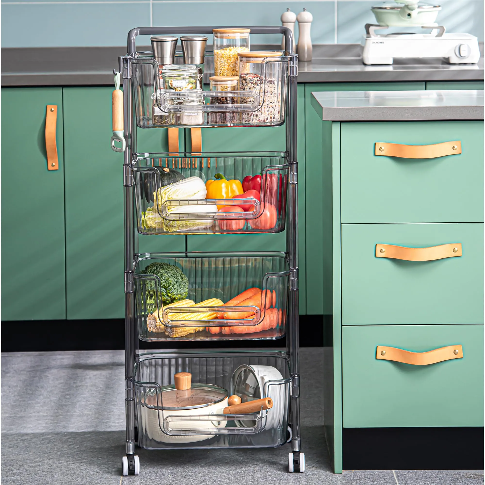 Kuber Industries Pack of 5 Multipurpose Trolley Storage Organiser | 3 Layer Shelf | Trolley with Wheels for Kitchen Accessories | Large Capacity, Easy installation, Space Saving | 2123 | Transparent