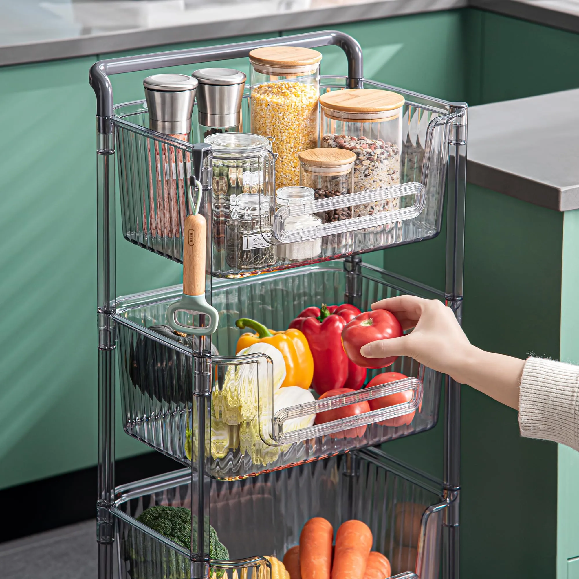 Kuber Industries Pack of 5 Multipurpose Trolley Storage Organiser | 3 Layer Shelf | Trolley with Wheels for Kitchen Accessories | Large Capacity, Easy installation, Space Saving | 2123 | Transparent