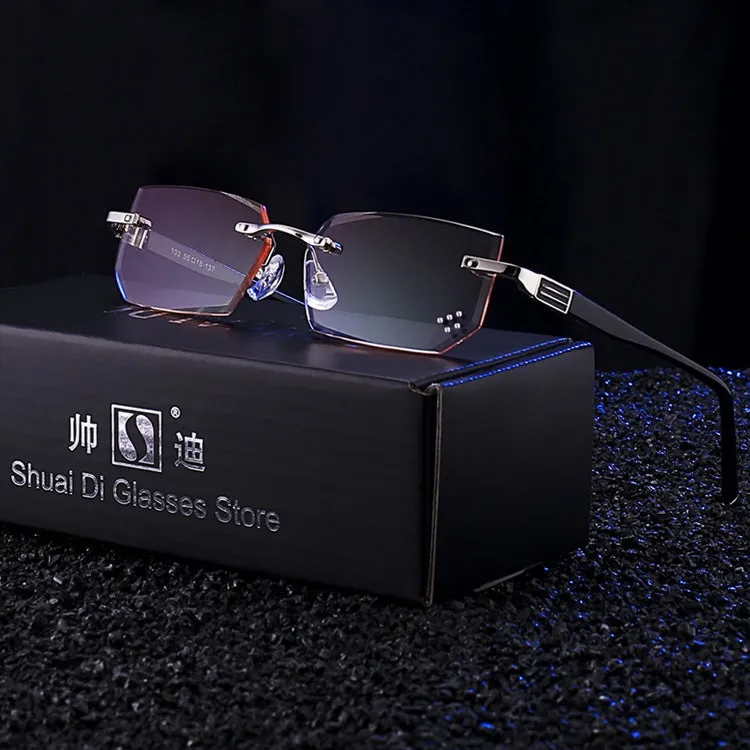 Men Anti Fatigue & Blue-ray Rimless Rhinestone Trimmed Presbyopic Glasses,  3.00D