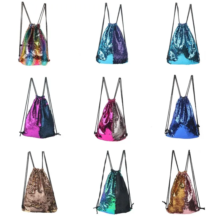 Mermaid Glittering Sequin Drawstring Sports Backpack Shoulder Bag(Blue Purple)