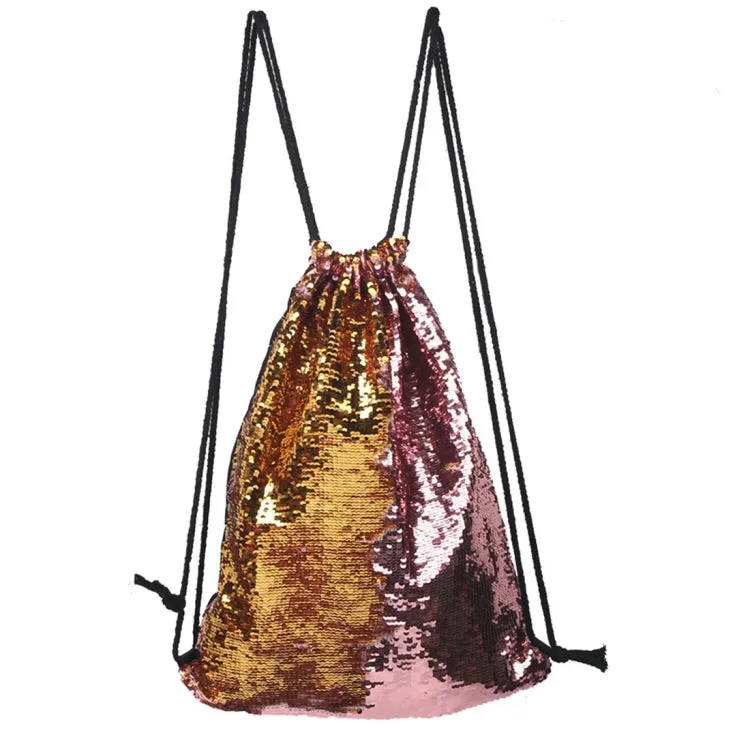 Mermaid Glittering Sequin Drawstring Sports Backpack Shoulder Bag(Pink Gold)