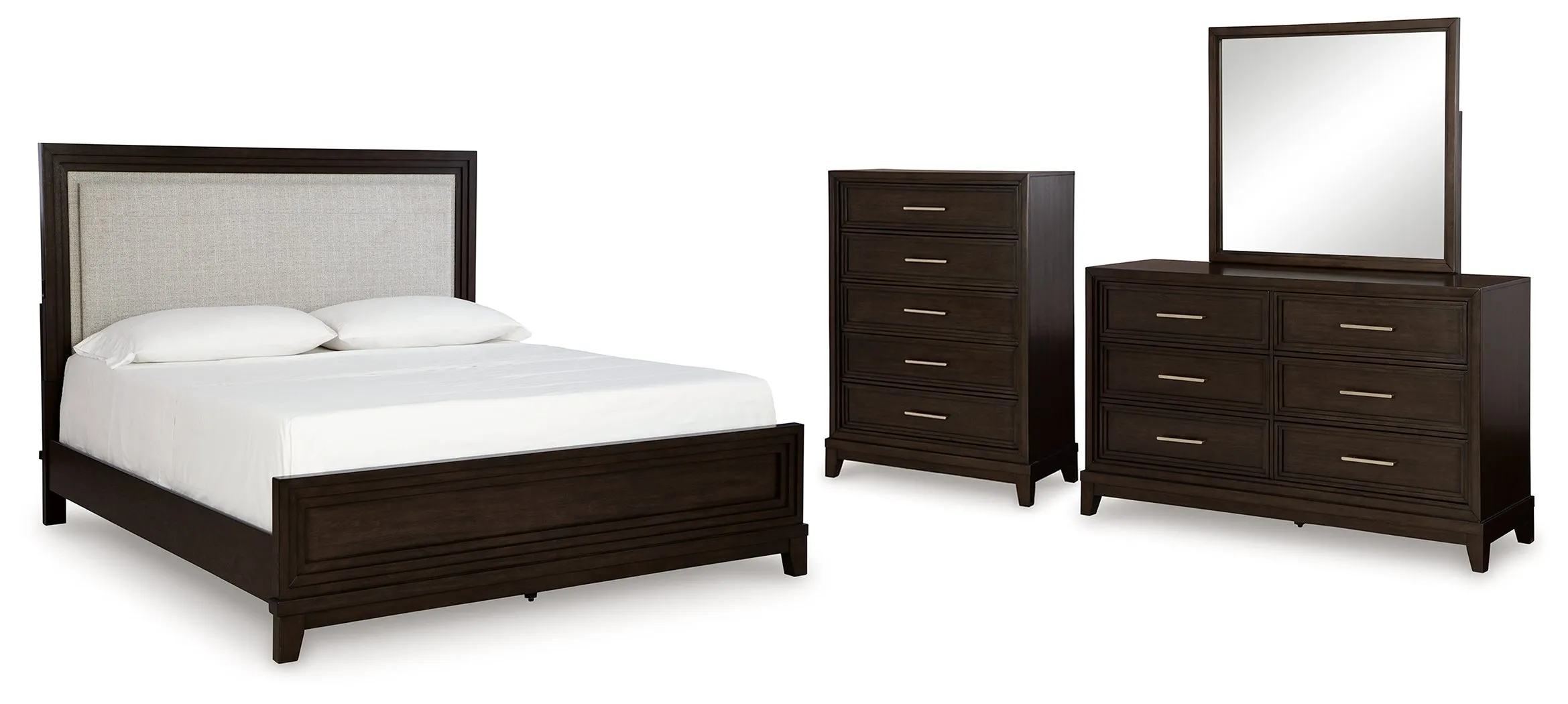 Neymorton California King Upholstered Panel Bed with Mirrored Dresser and Chest in Dark Grayish Brown