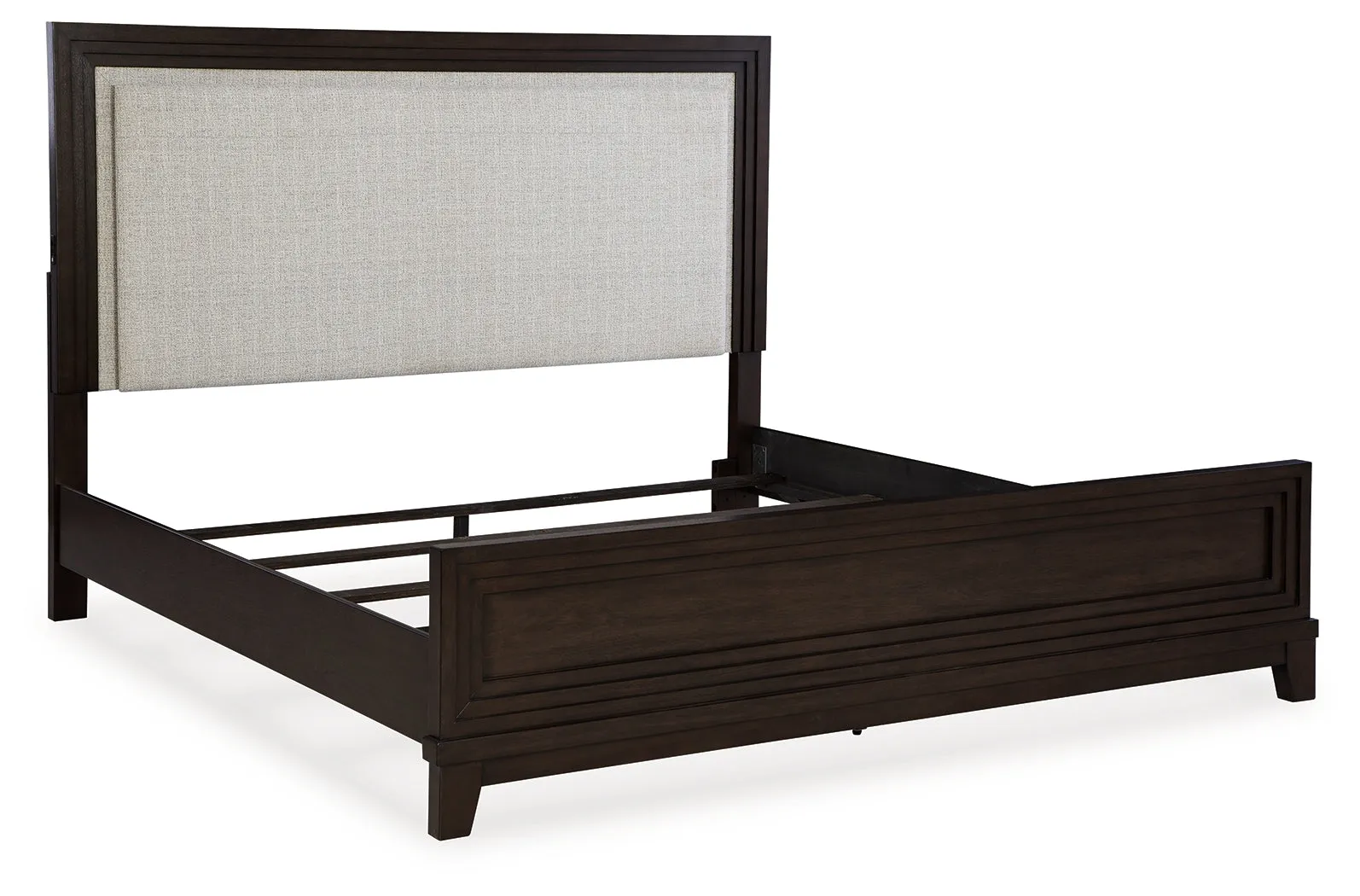 Neymorton California King Upholstered Panel Bed with Mirrored Dresser and Chest in Dark Grayish Brown