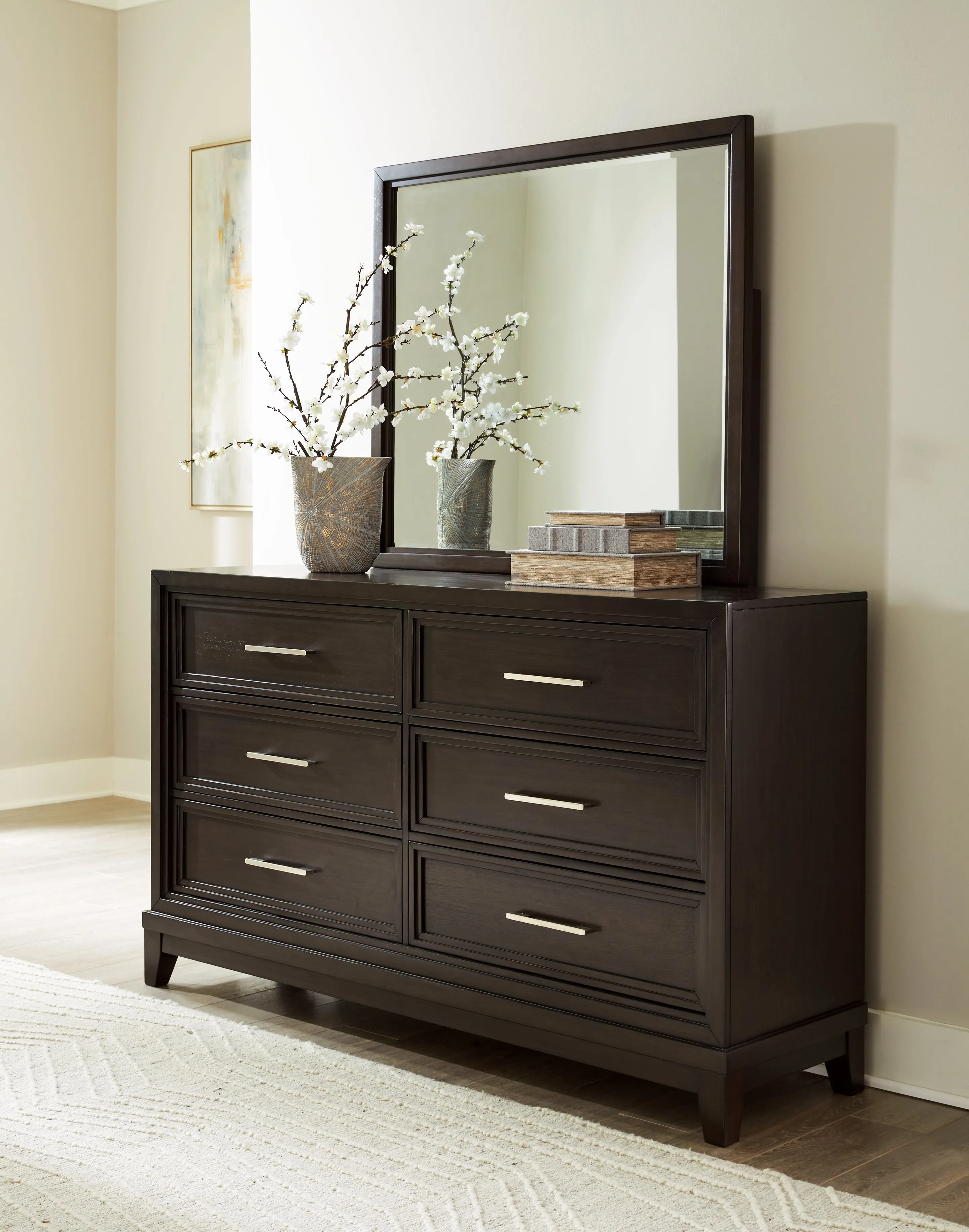 Neymorton California King Upholstered Panel Bed with Mirrored Dresser and Chest in Dark Grayish Brown