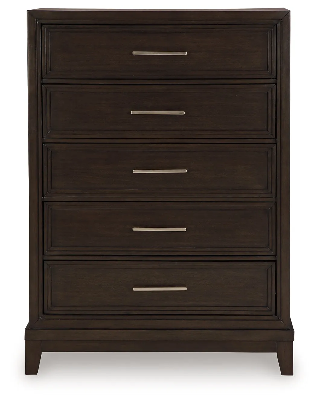 Neymorton California King Upholstered Panel Bed with Mirrored Dresser and Chest in Dark Grayish Brown