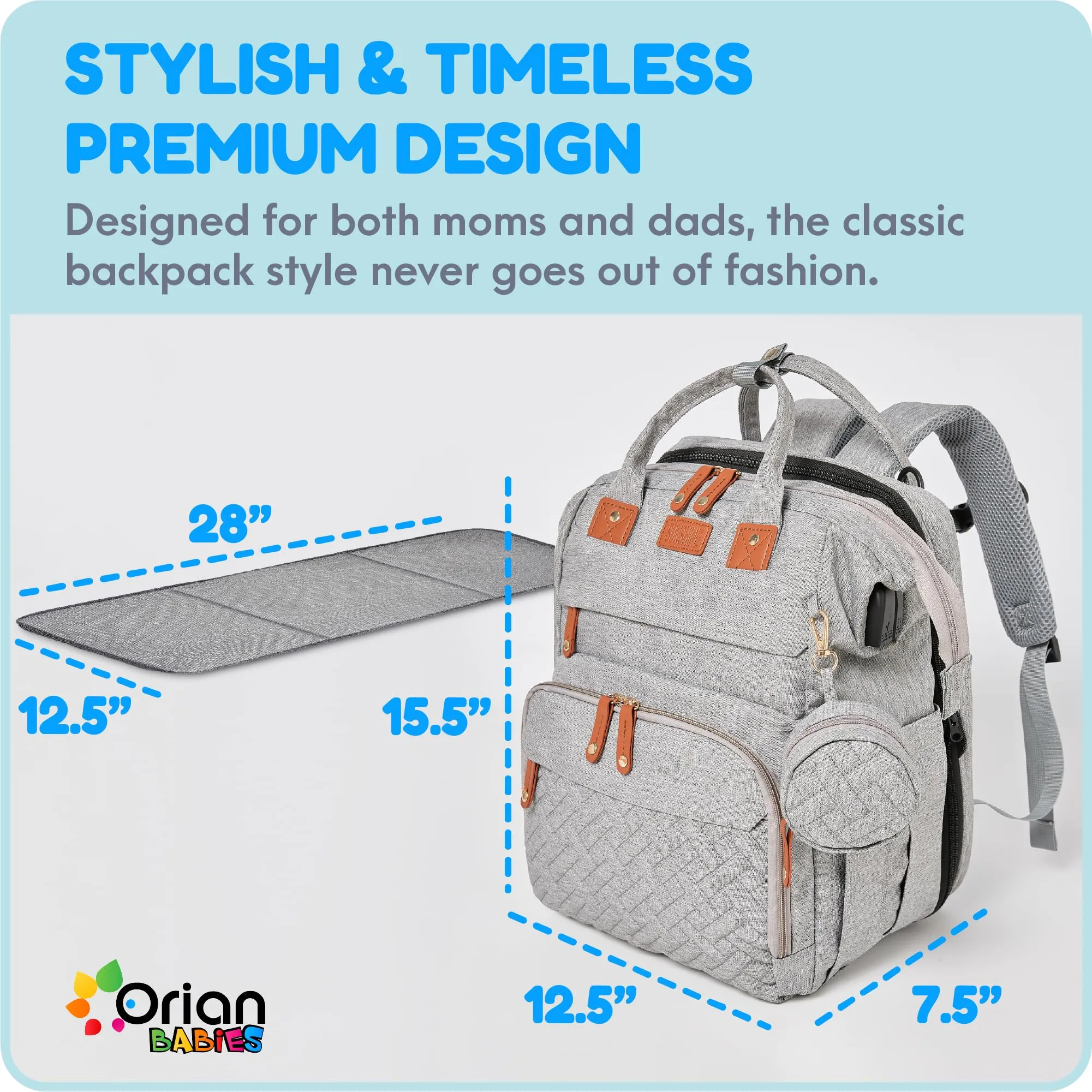 Orian Diaper Bag Backpack Changing Station Mosquito Net Usb Port Waterproof