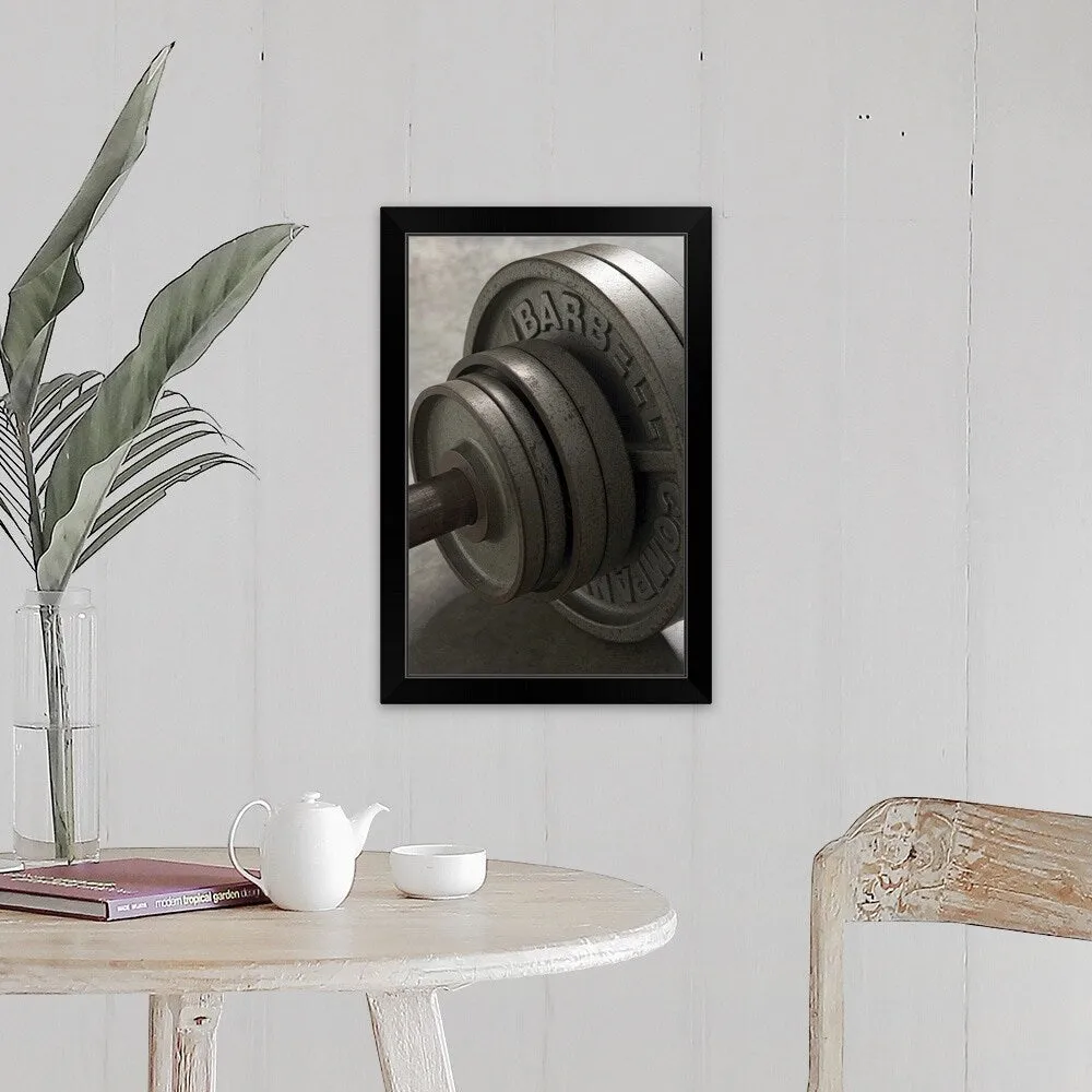 "Barbell, close-up of weights, elevated view" Black Framed Print