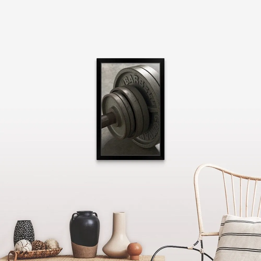 "Barbell, close-up of weights, elevated view" Black Framed Print