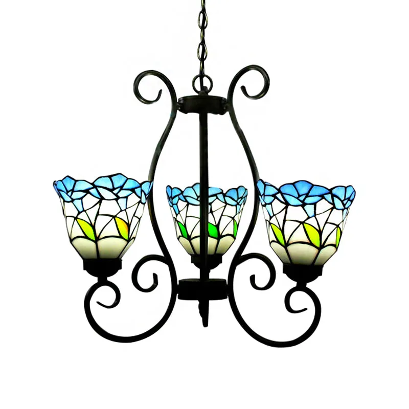 Rustic Stained Glass Flower Chandelier Light - Blue Flared Pendant Lighting for Living Room