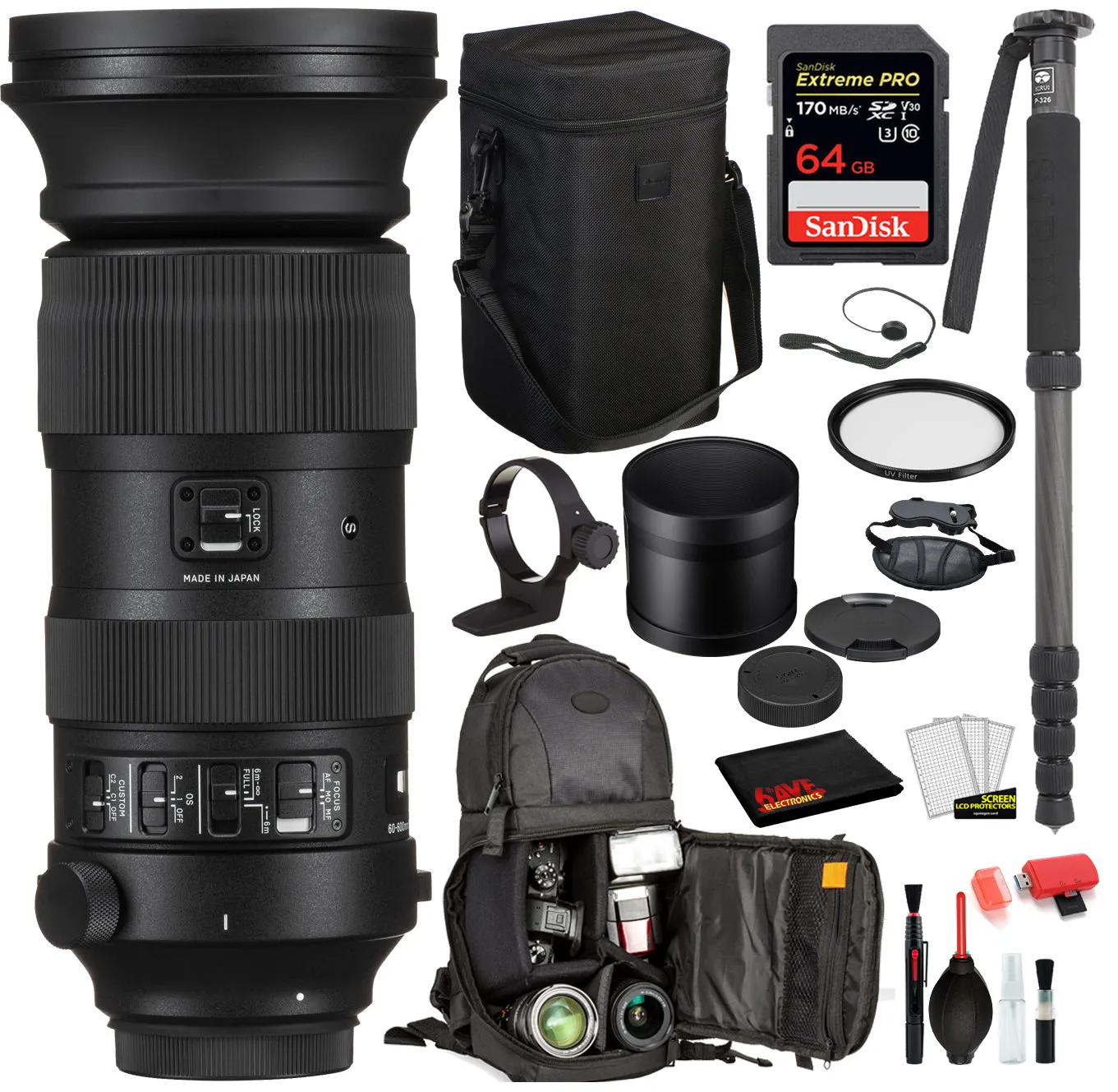 Sigma 60-600mm f/4.5-6.3 DG OS HSM Sports Lens for Nikon F with Bundle: SanDisk Extreme Pro 64gb SD Card   More