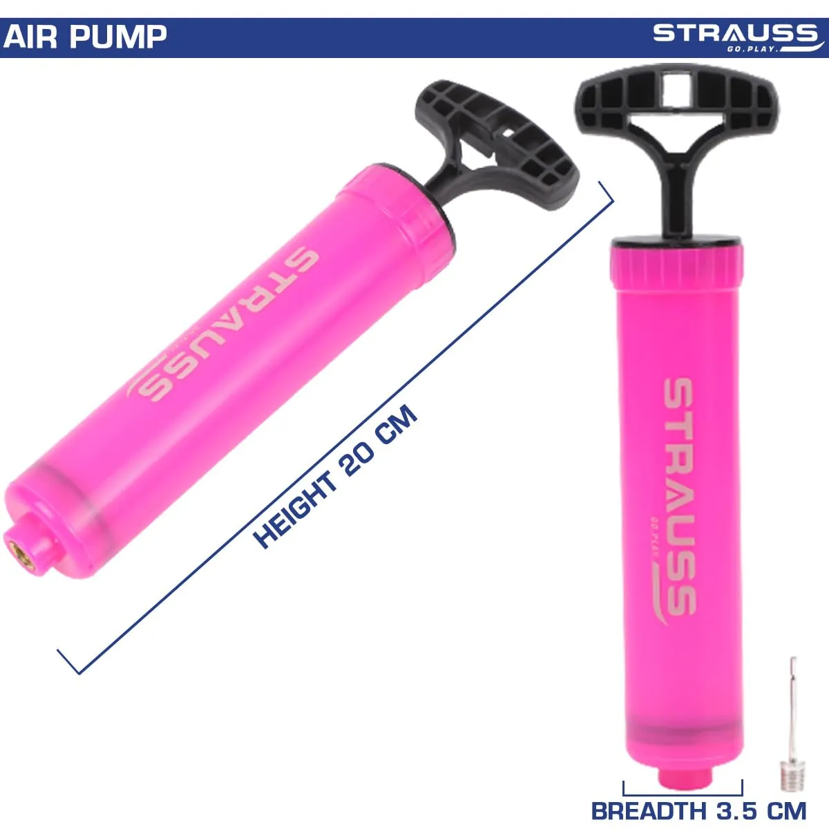 Strauss Hand Air Pump for Sports | Suitable for Football, Volleyball, Basketball, Rugby, Soccer Ball, Other Inflatable Balls | Air Inflator with Stainless Steel Pin (1 pcs), (Pink)