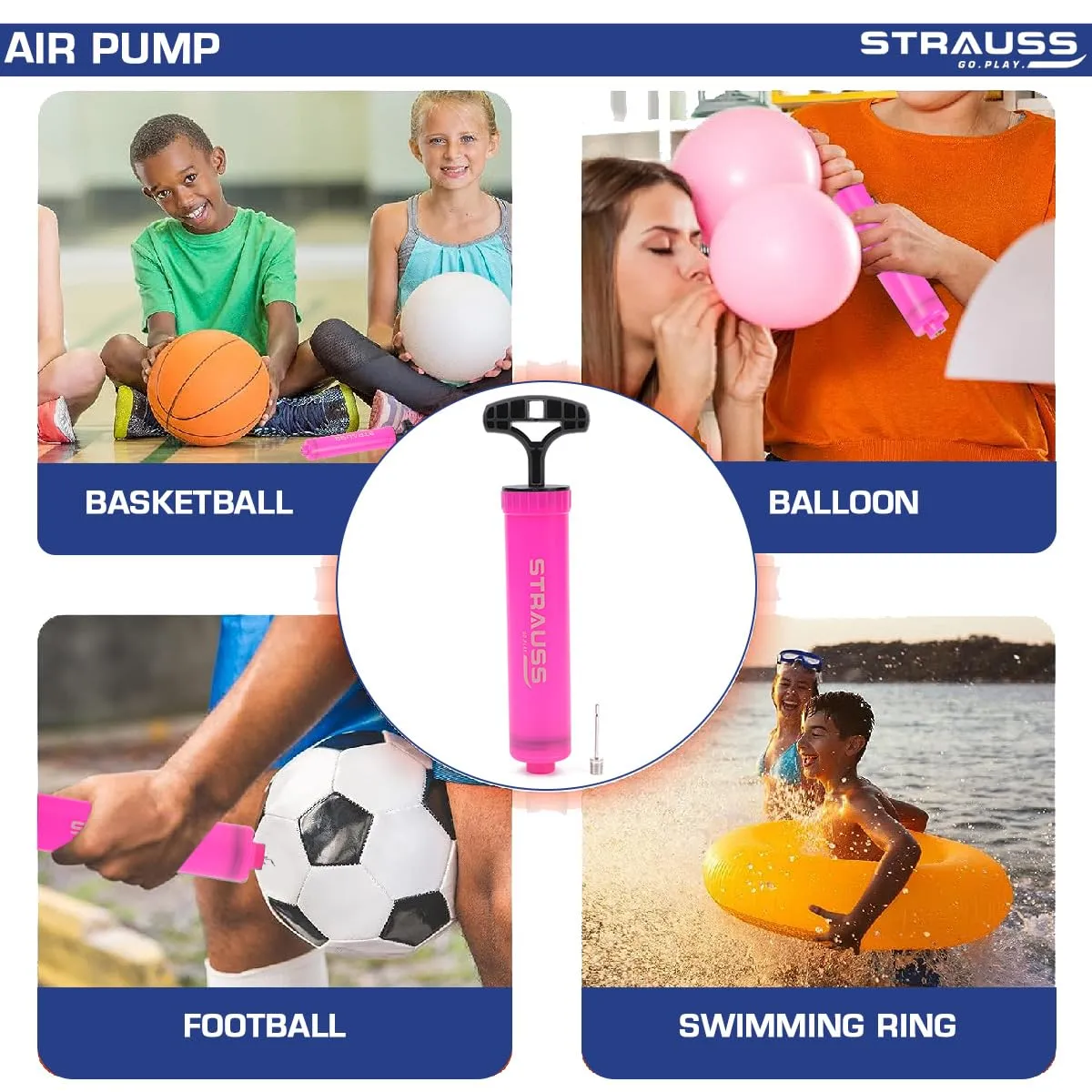 Strauss Hand Air Pump for Sports | Suitable for Football, Volleyball, Basketball, Rugby, Soccer Ball, Other Inflatable Balls | Air Inflator with Stainless Steel Pin (1 pcs), (Pink)