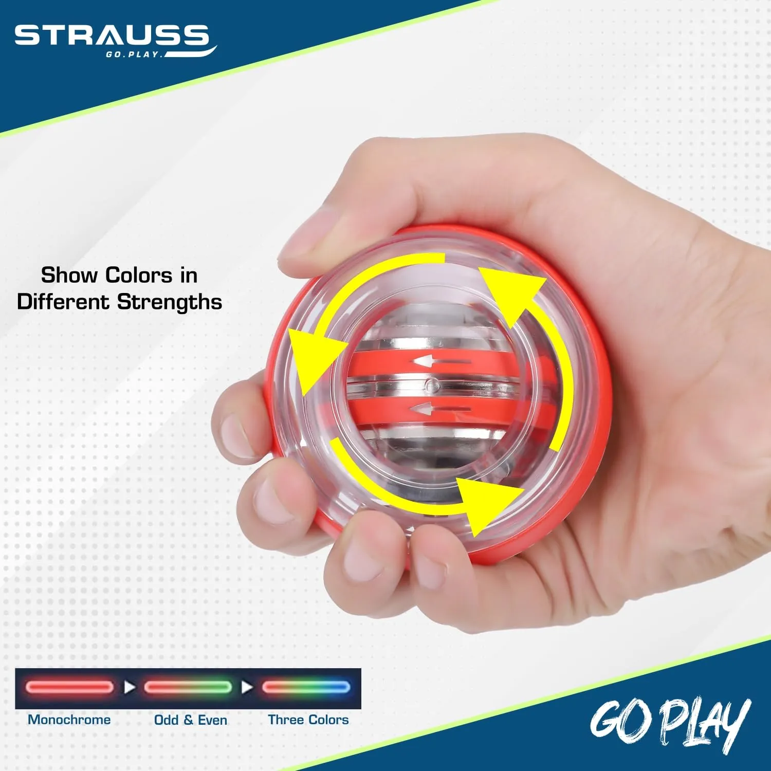 STRAUSS Wrist Gyro Ball | Ideal for Wrist Training, Strengthening Arms, Fingers, Wrist Bones and Muscles | Power Hand Enhancer, Forearm Exerciser,Self-Starting Wrist Trainer Ball with LED Light,(Red)