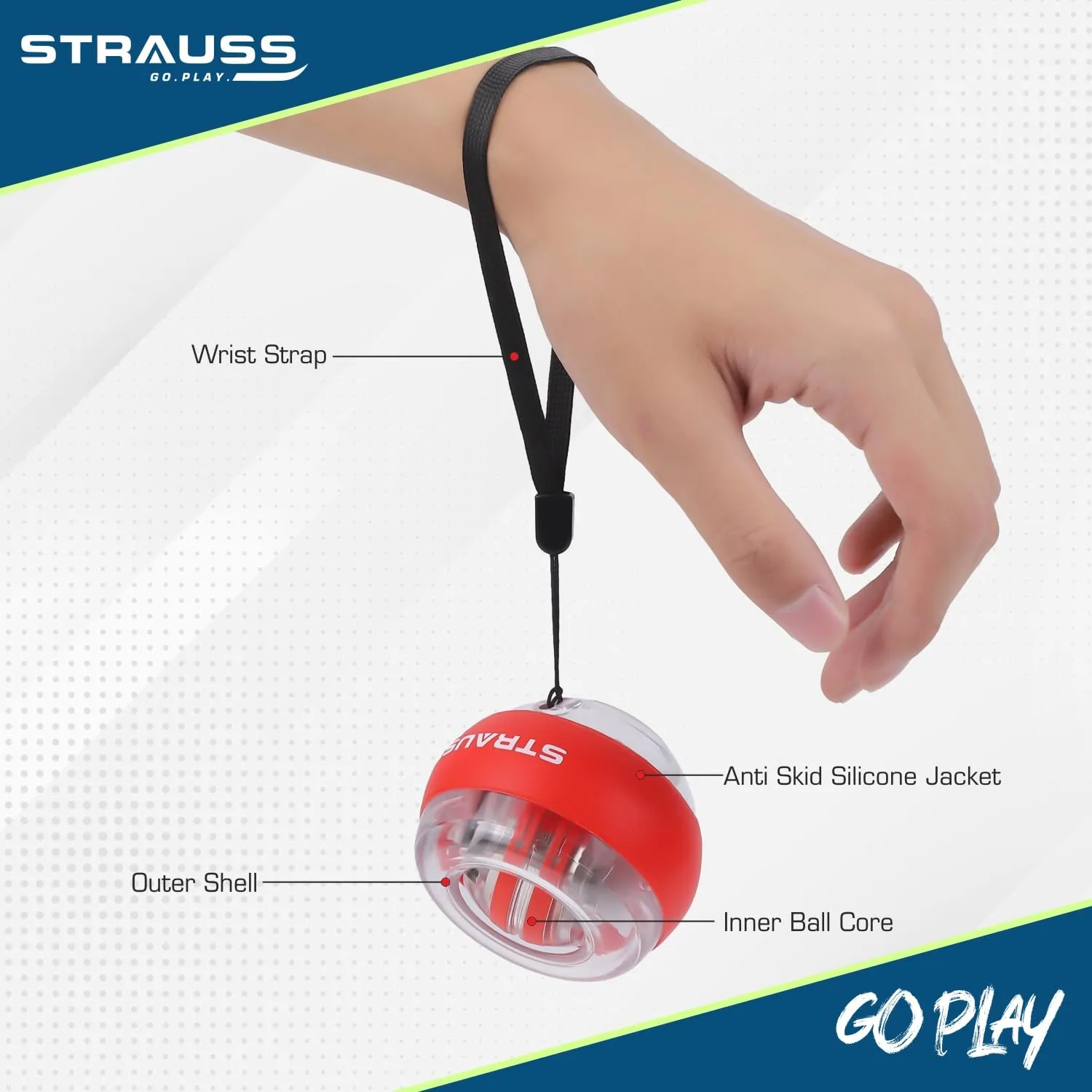 STRAUSS Wrist Gyro Ball | Ideal for Wrist Training, Strengthening Arms, Fingers, Wrist Bones and Muscles | Power Hand Enhancer, Forearm Exerciser,Self-Starting Wrist Trainer Ball with LED Light,(Red)