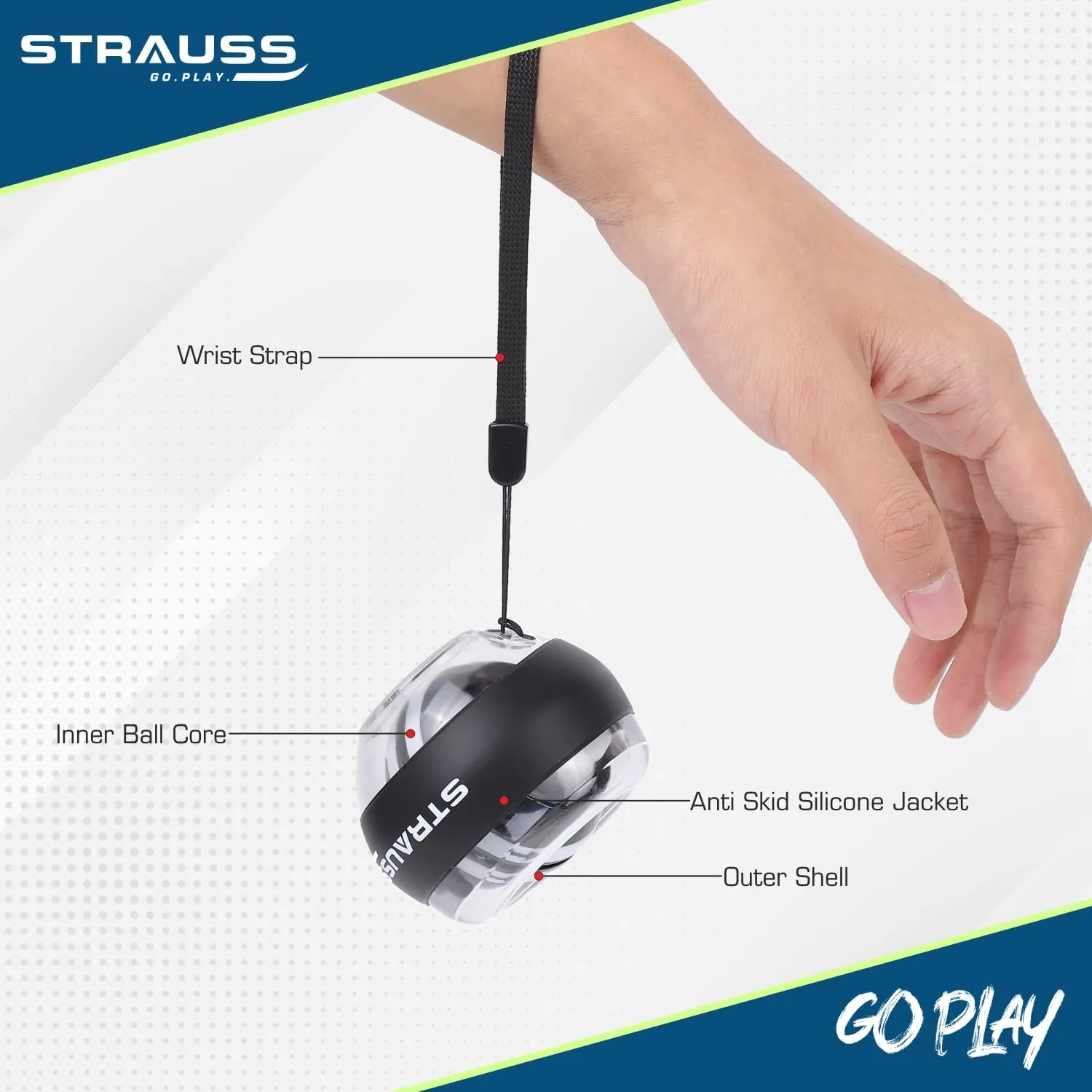 Strauss Wrist Gyro Ball | Ideal For Wrist Training, Strengthening Arms, Fingers, Wrist Bones and Muscles | Power Wrist Ball, Hand Enhancer, Forearm Exerciser, Wrist Trainer Ball with LED Light,(Black)