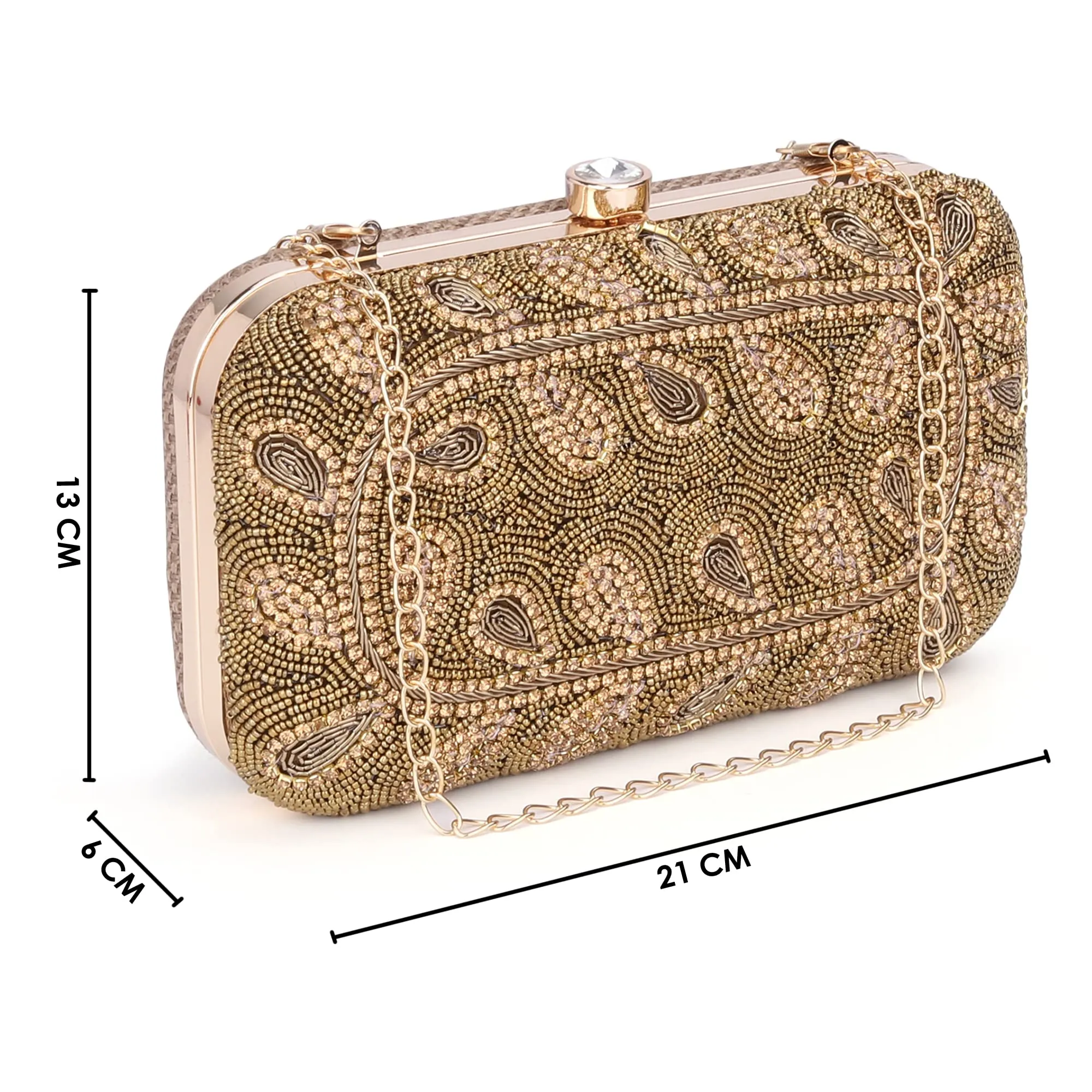 THE CLOWNFISH Angela Collection Womens Party Clutch Ladies Wallet Evening Bag with Fashionable Round Corners Beads Work Floral Design (Golden)