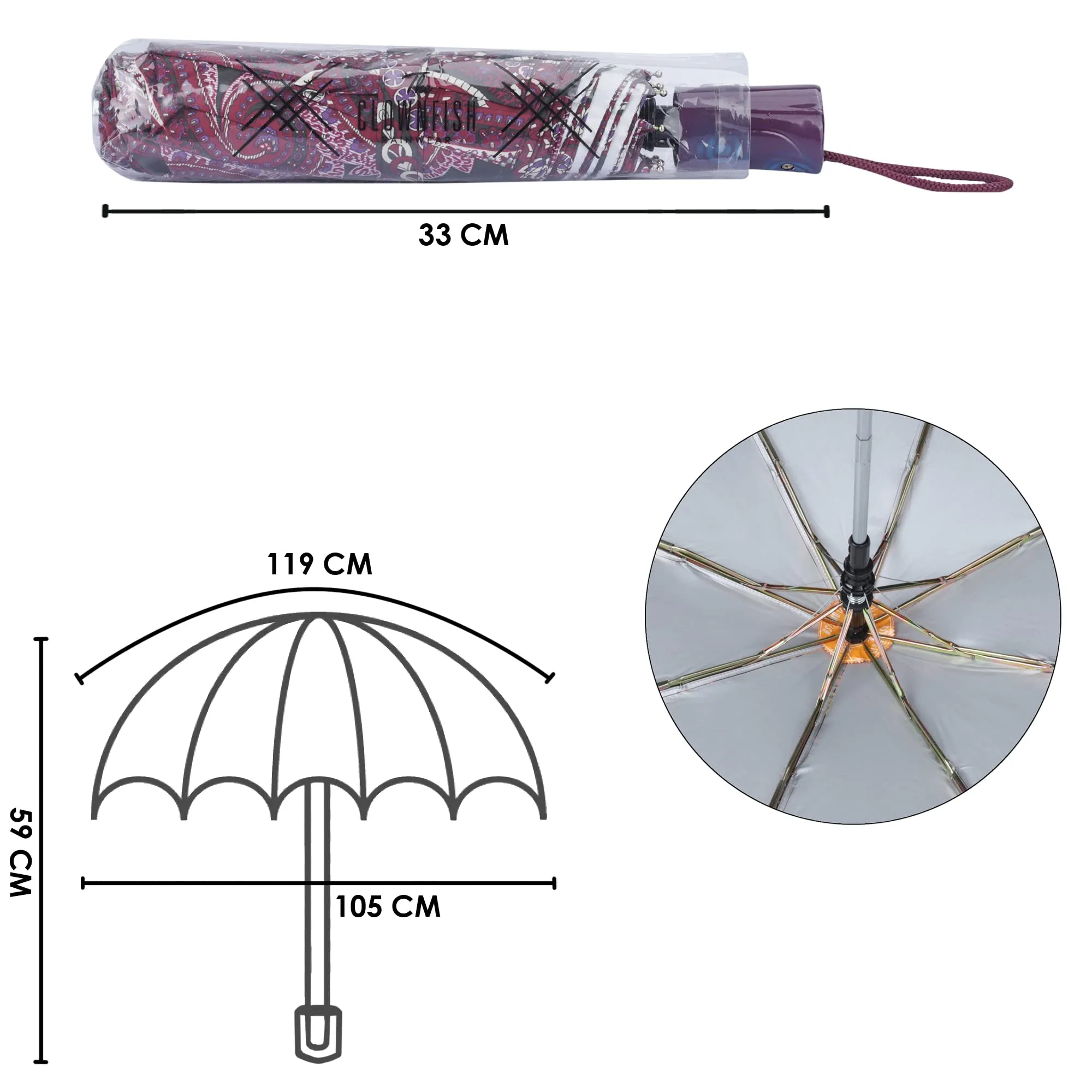 THE CLOWNFISH Umbrella Splash Series 3 Fold Auto Open Waterproof Water Repellent 190 T Immitation Nylon Double Coated Silver Lined Umbrellas For Men and Women (Magenta)