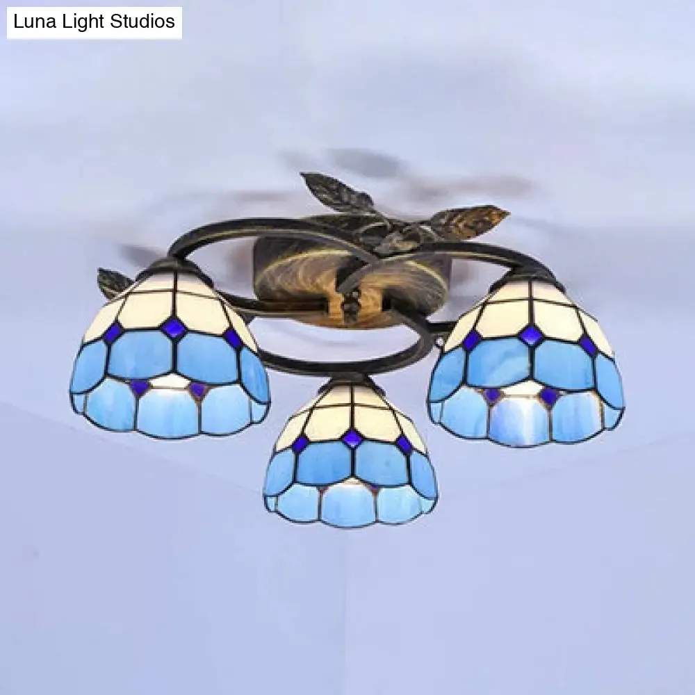 Tiffany Stained Glass Geometric Ceiling Light - Bronze Flushmount with 3 Lights