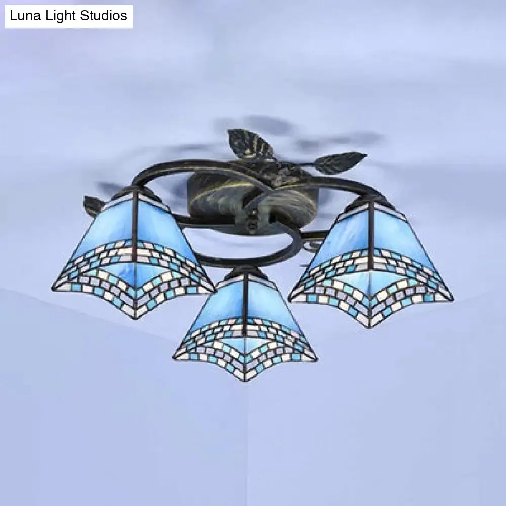 Tiffany Stained Glass Geometric Ceiling Light - Bronze Flushmount with 3 Lights