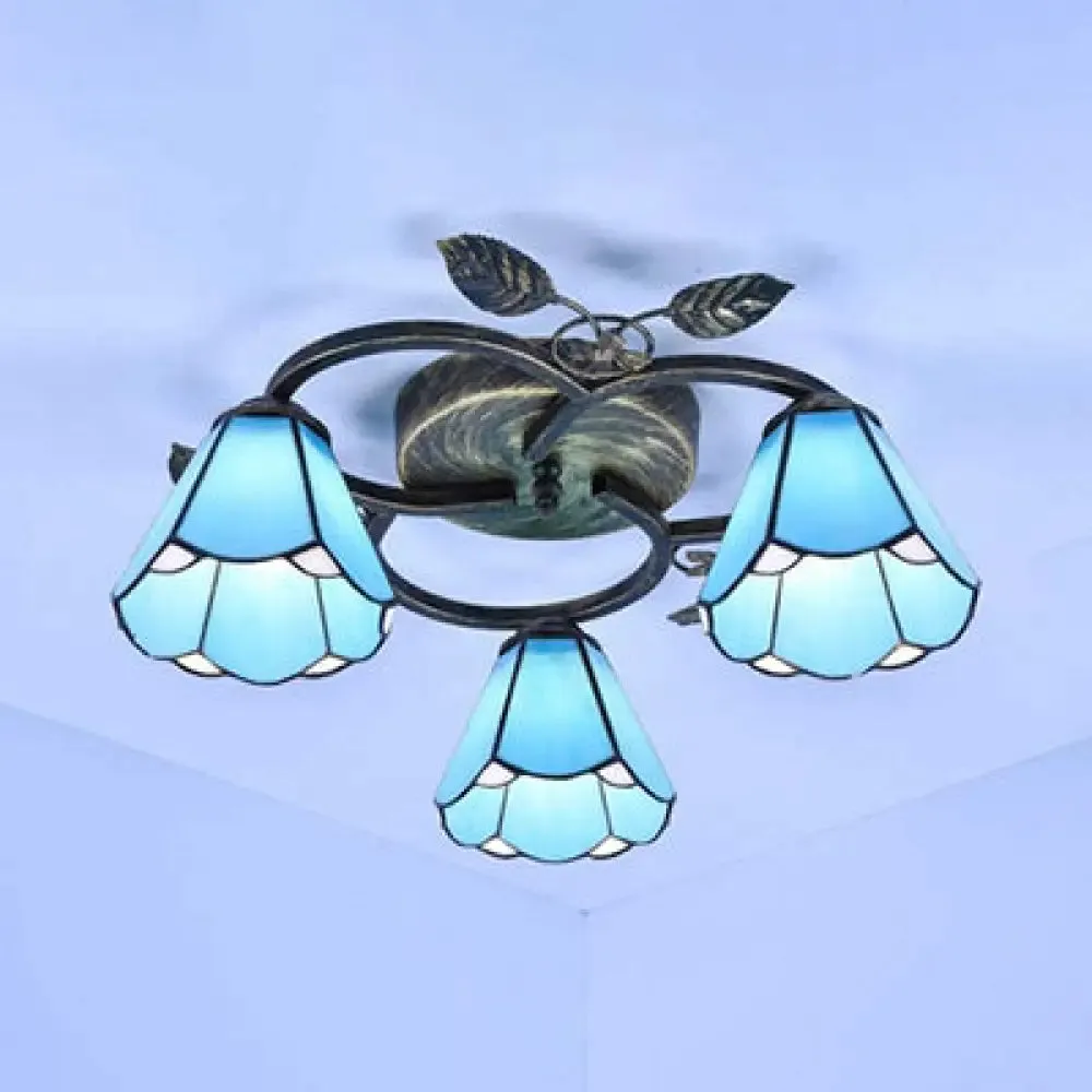 Tiffany Stained Glass Geometric Ceiling Light - Bronze Flushmount with 3 Lights