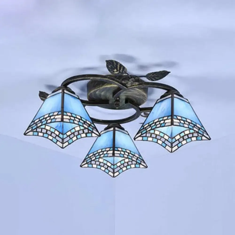 Tiffany Stained Glass Geometric Ceiling Light - Bronze Flushmount with 3 Lights