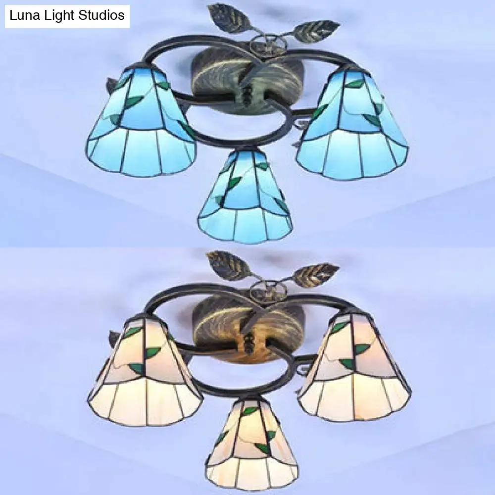 Tiffany Stained Glass Geometric Ceiling Light - Bronze Flushmount with 3 Lights