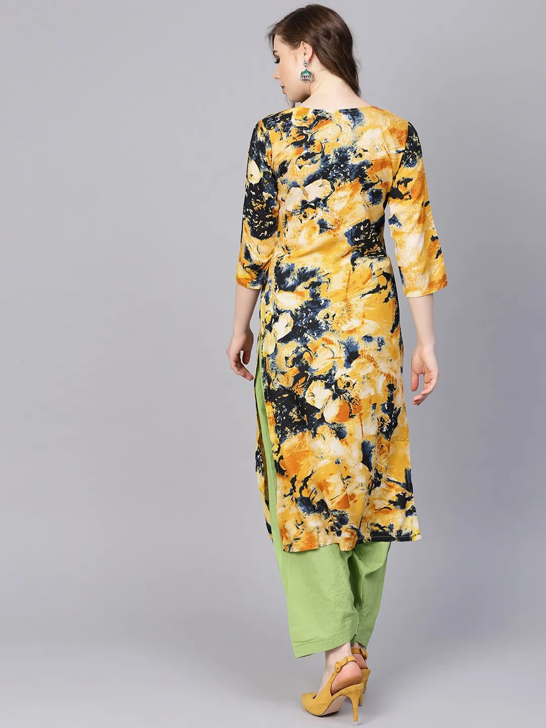 Yellow Marbal Printed Kurta Set With Solid Green Salwar